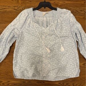 Joie Sky Blue Blouse with White Pattern and tassel detail at neck! Linen blend.